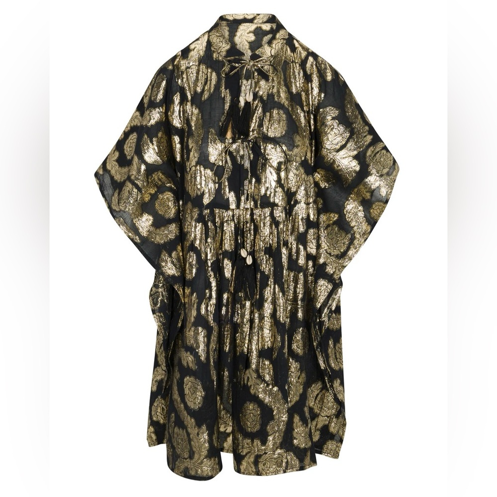 Meghan Fabulous Black and Gold Patterned Midi Caftan Dress Palm Springs